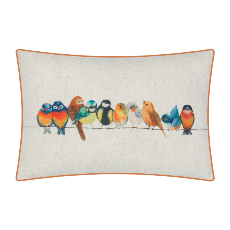 Housse de coussin en lin Birds, Rectangulaire, Blanc / gris, H 14 po x l 24 po