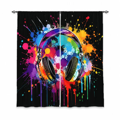 2 pièces de rideaux à motif artistique d'éclaboussures d'aquarelle vibrantes, tissu filtrant la lumière, motif circulaire moderne et frais, protection contre la vie privée pare-soleil, passe-tringle, convient au salon, à la chambre à coucher, à l'adolescence, à la musique