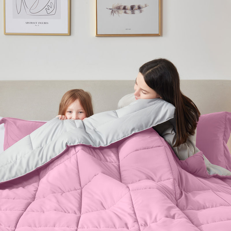 Nestl All Season Solid Lightweight Down Alternative Reversible Comforter, Pink/Gray, Twin Comforter + 1 Standard Sham