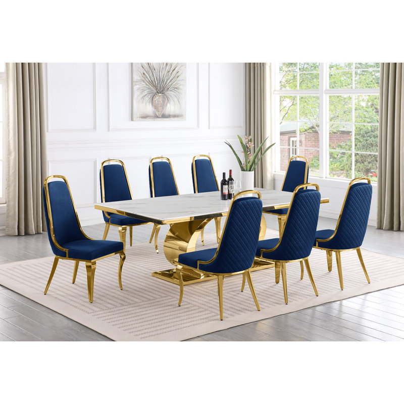 Bankston Marble Top Pedestal Dining Set, 9, Navy/Gold, Gold