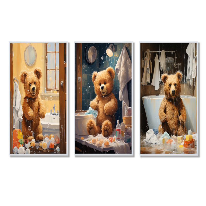 «Bathroom Bear Bear Bubbles I», ensemble de 3 toiles à linge, Cadre flottant blanc, H 40 po x l 60 po