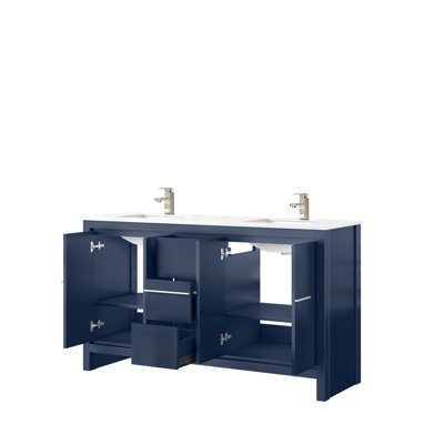 60 po Meuble-lavabo bleu marine avec comptoir en marbre et robinet - Armoires à tiroirs à fermeture en douceur pour un meuble-lavabo double à rangement accru et une offre en nickel brossé abondante