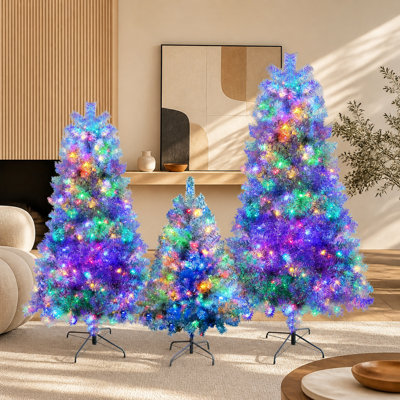 Ensemble d'arbre de Noël articulé artificiel 7,4 pi, 6 pi, 4 pi argenté, sapin de Noël épinette avec 2400 branches, 850 lumières DEL, 11 modes d'éclairage, décoration des Fêtes pour la maison, le bureau et l'école