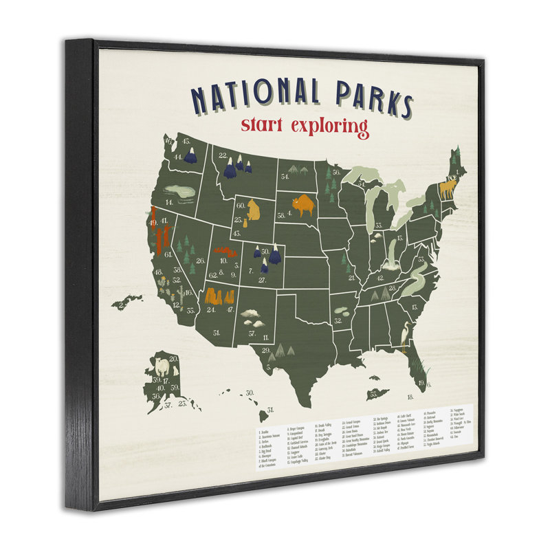 Carte des parcs nationaux avec clé numérique numérotée surdimensionnée des États-Unis, estampe numérique sur toile de Daphne Polselli