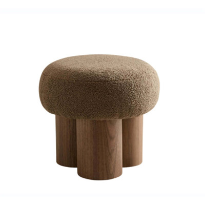 Mushroom Shaped Stool With Brown Lamb Wool Seat And Walnut Veneer PVC Pipe Legs, Perfect For Living Rooms And Entryways.