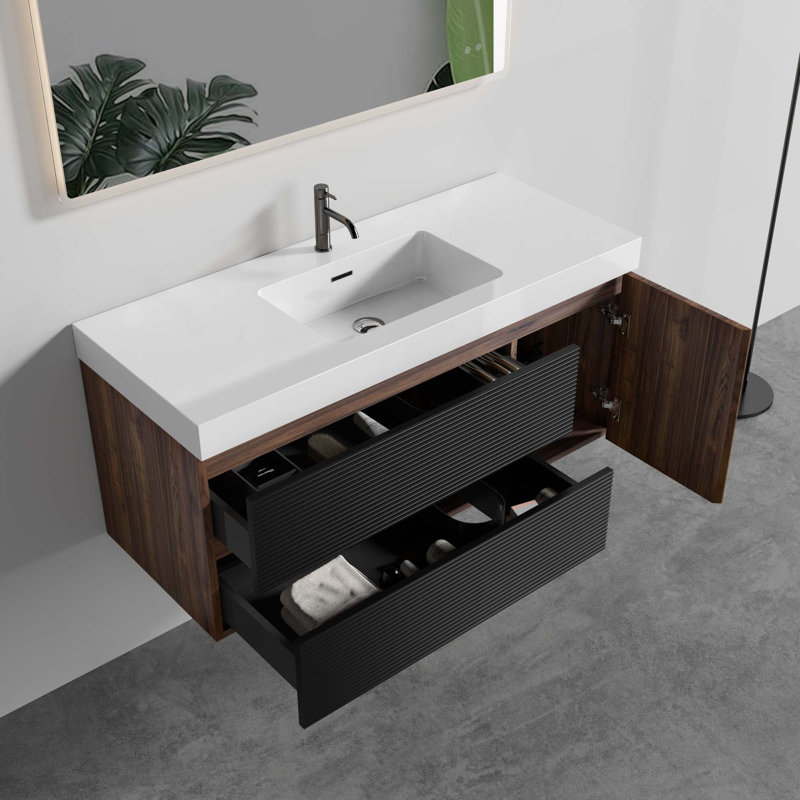 Meuble-lavabo mural 48 po avec lavabo et tiroirs noirs doux pour salle de bain moderne, sans drain ni robinet, pré-assemblé