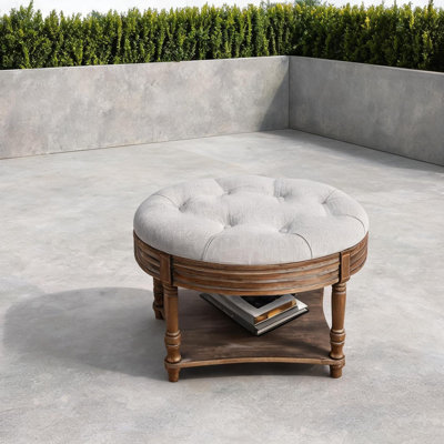Round Tufted Storage Ottoman Coffee Table with Wooden Shelf, Linen Upholstery, 31.5 Inch