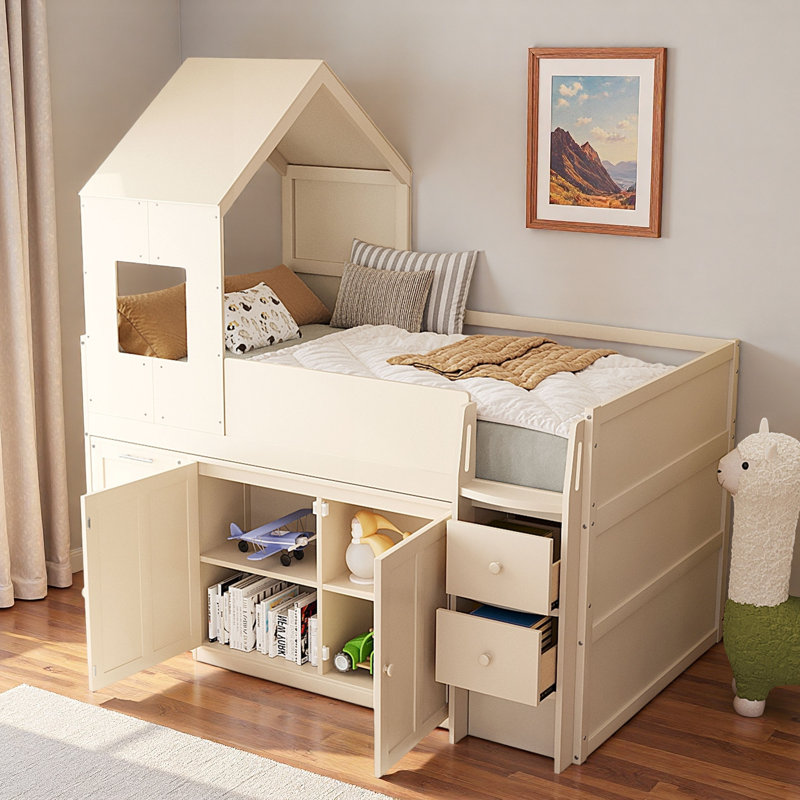 Lit mezzanine en bois avec bureau, tiroirs et armoires, Beige