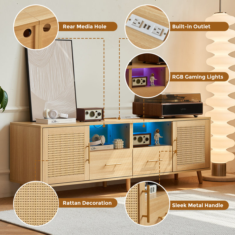 Natural Wood and Rattan TV Stand with LED Lights
