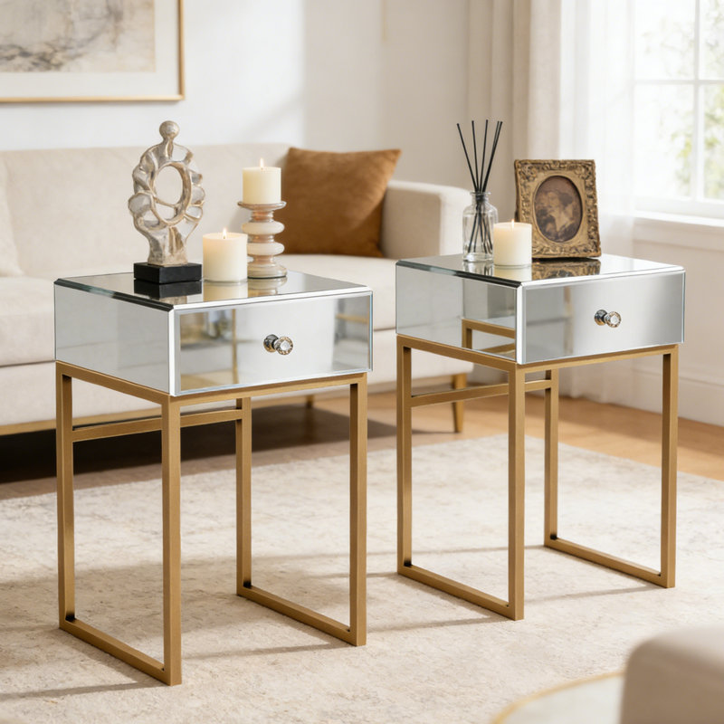 Ensemble de tables de bout en miroir - 2 pièces avec tiroir simple et pieds en métal