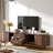 71" Mid-Century TV Stand for 80" TVs, Dark Brown Woodgrain, Sliding Doors, 2 Drawers, Solid Pine Legs