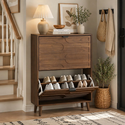 Armoire à chaussures indépendante médiévale moderne, armoire de rangement pour chaussures de 23,62 pouces, armoire à chaussures avec 2 tiroirs rabattables, convenant aux couloirs et aux entrées