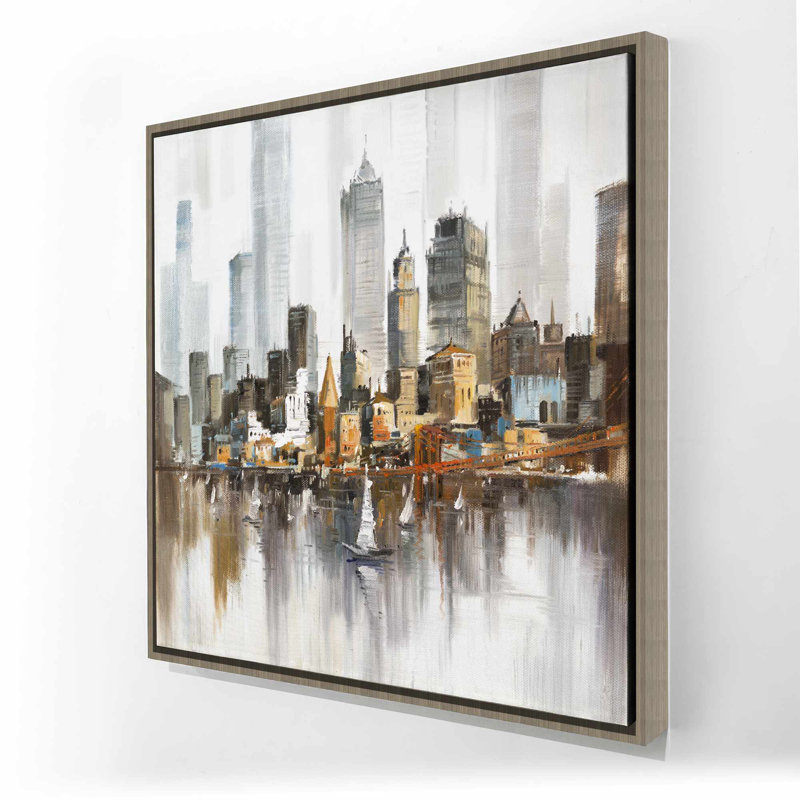 Art urbain sur toile, paysage urbain et voiliers orange