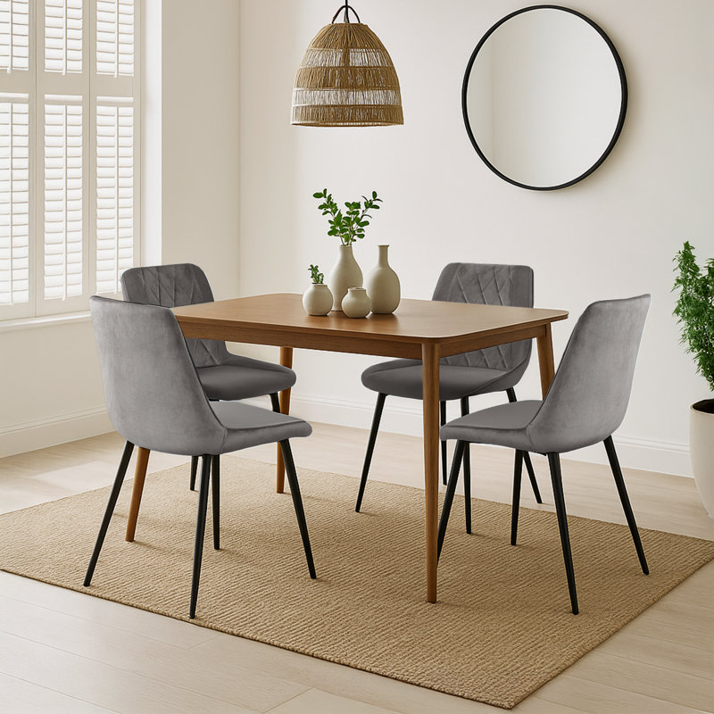 Solid Wood Walnut Effect Dining Table With 4 Simsbury Luxury Velvet Upholstered Dining Chairs, Gray