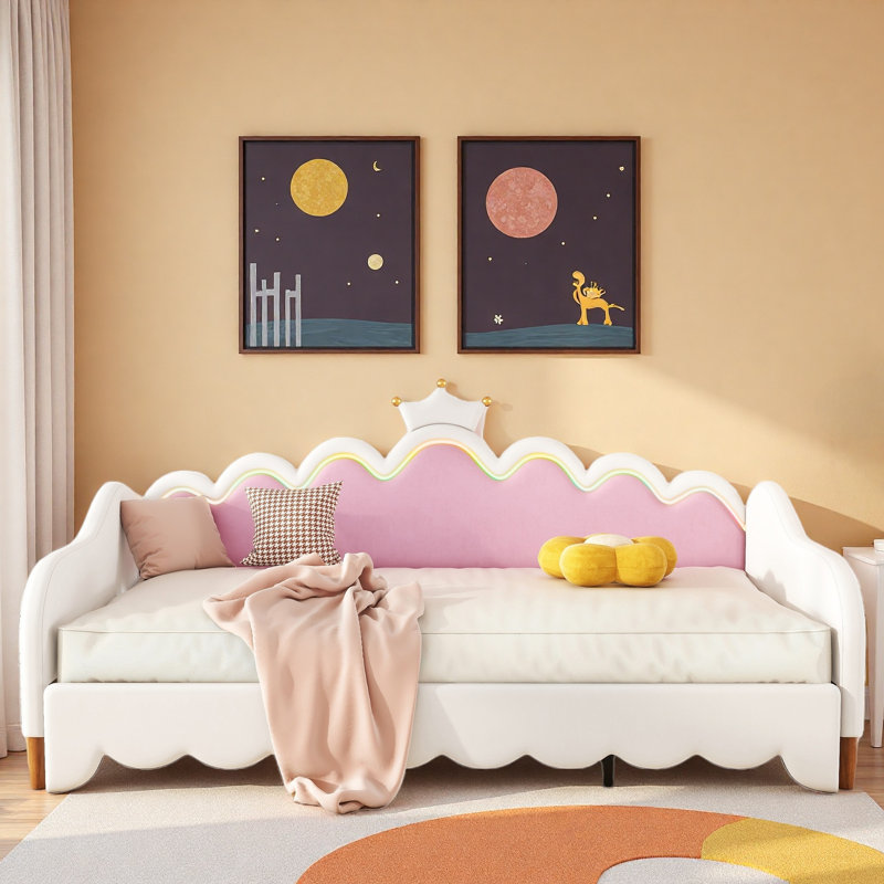 Extending Upholstered Daybed With Led Lights And Crown Headboard, White