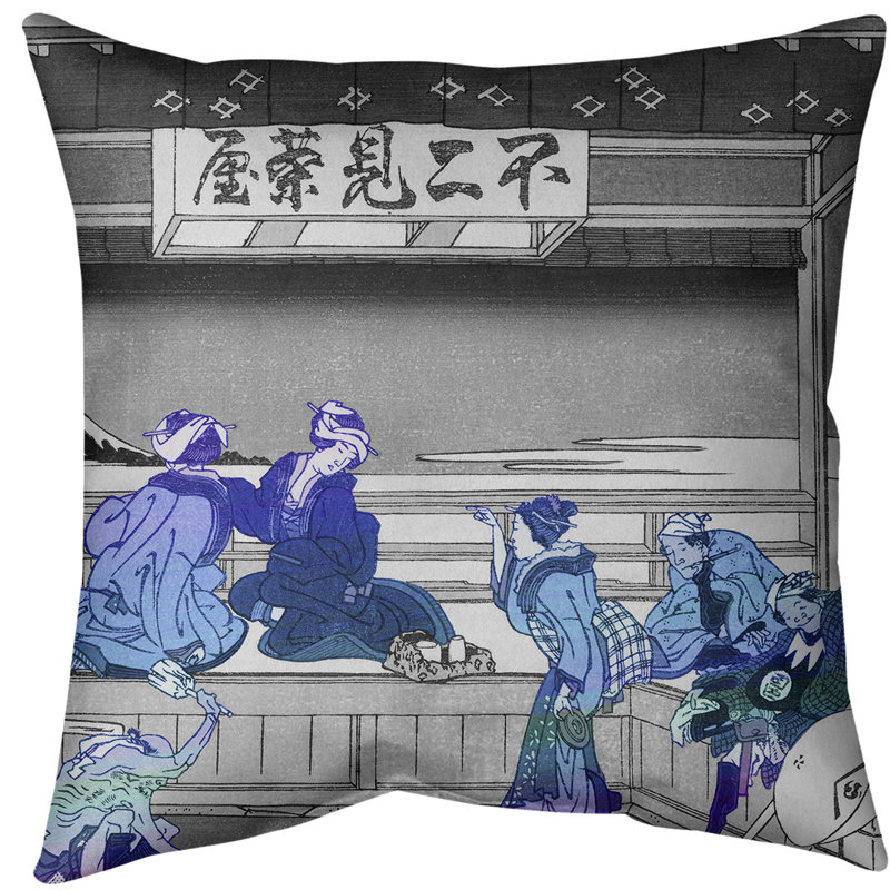 Coussin Katsushika Hokusai Yoshida at Tokaido, Bourre en polyester, Bleu, Polyester filé