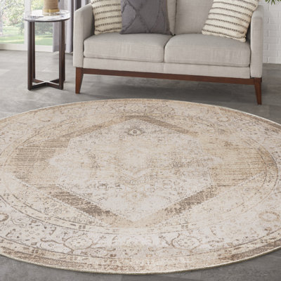 Haydel Oriental Machine Washable Power Loom Polyester Area Rug in Beige