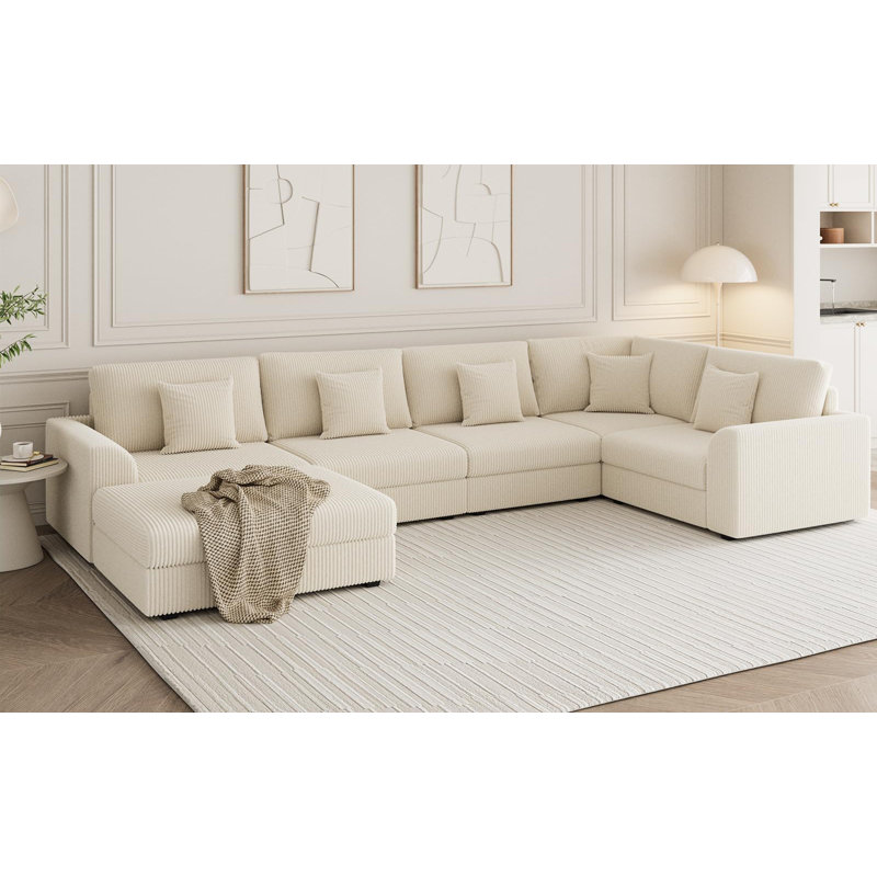 Kaneki 6 - Piece Slipcovered Corduroy Sectional Sofa Sleeper Couch With Storage Ottoman, White, 36'' H X 146'' W X 78'' D