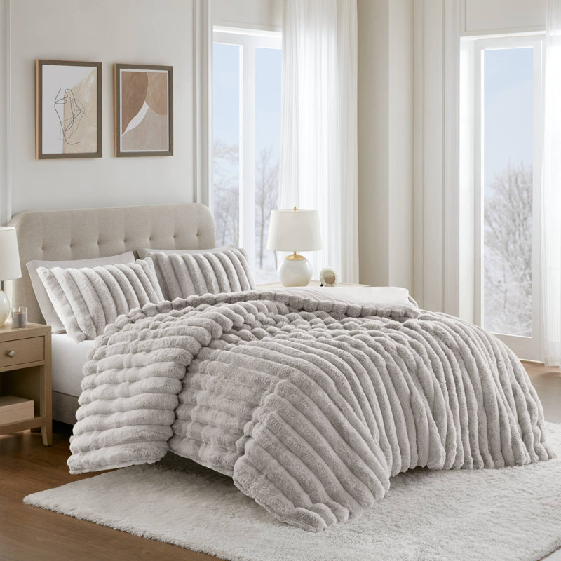 Ensemble d'édredon 3 pièces en fausse fourrure de couleur très clair, gris clair, Édredon très grand