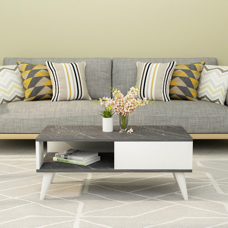 4 Legs Coffee Table with Storage, Black/White, Black