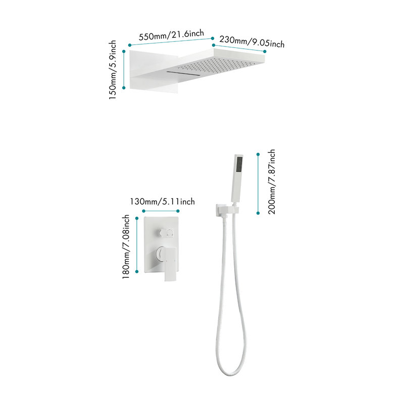 Wall Mounted Waterfall Rain Shower System, White
