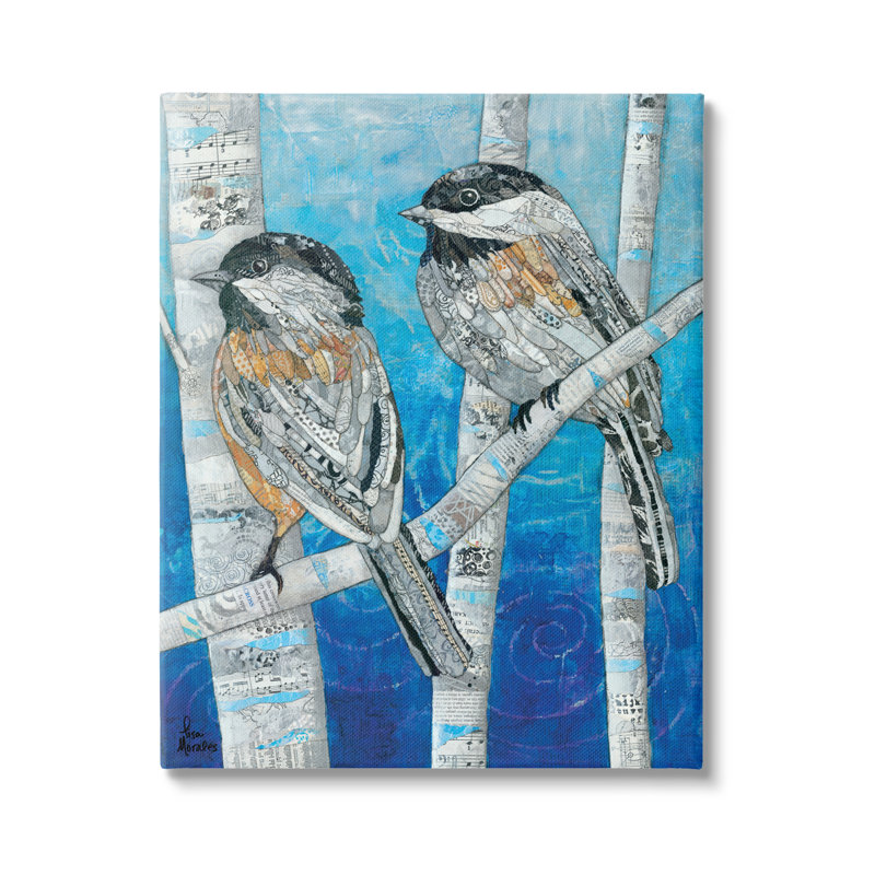 «Chickadees Perched Layered Ephemera» par Lisa Morales - peinture à cadre flottant, Toile tendue