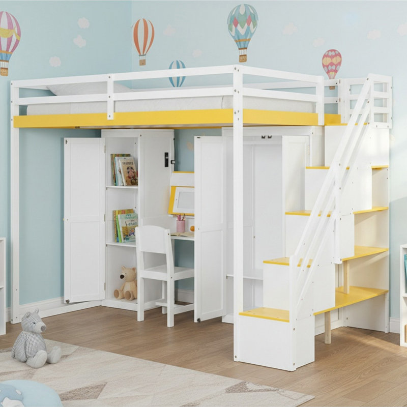 Solid Wood Full Size Loft Bed with Storage Staircase, Built-In Dressing Table with Mirror and USB Charging Ports for Bedroom