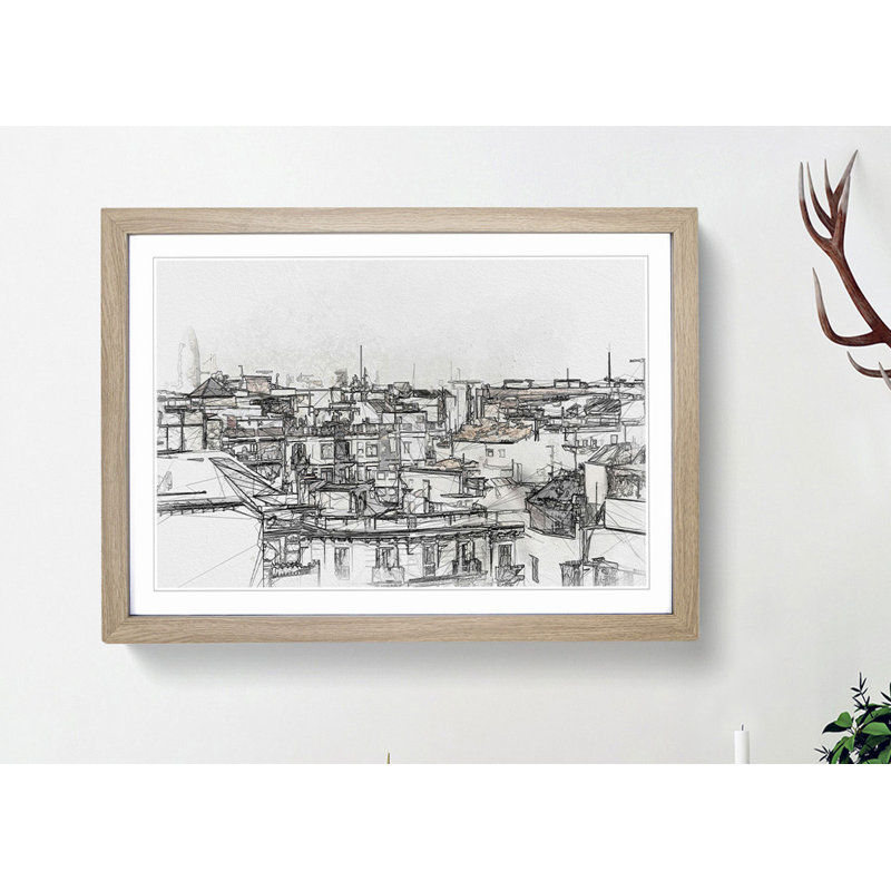 Rooftops in Barcelona Spain in Abstract - Picture Frame Graphic Art Print, 40cm H x 60cm W x 2cm D, Oak
