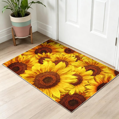 Yellow Machine Washable,Sunflower Field Agriculture Beautiful Beauty Blossom Flora Floral Indoor Area Rug