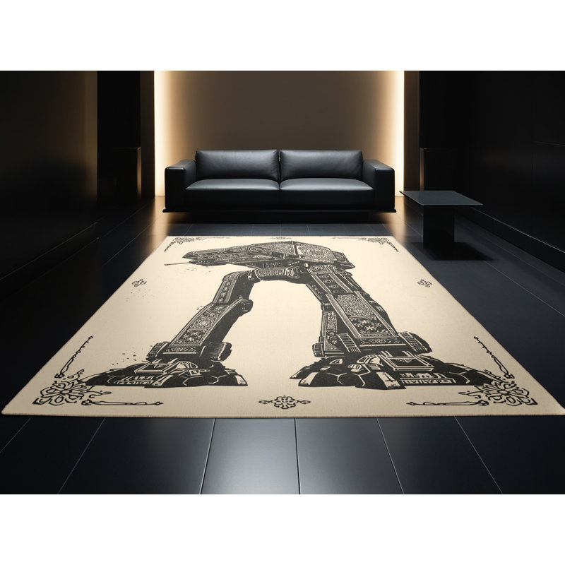 Soft Plush Eddleman Robotic Mech Walker Bohemian Block Print Area Rug in Beige – Beige Binding, 4x6