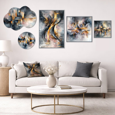 «Geometric Ink Pulse V» surdimensionné, art mural, toile et métal 5 pièces (100 po x 40 po)