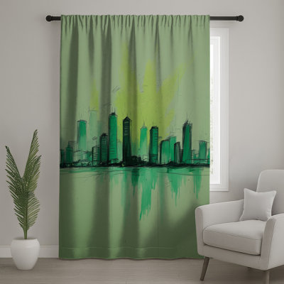 Green Cityscape Illustration Window Curtains, Cityscape Sheer & Blockout Curtains - 1 Panel