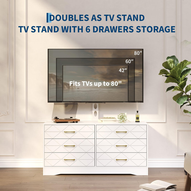 Meuble télé moderne de 47,2 pouces avec 6 tiroirs et support réglable en hauteur pour téléviseurs jusqu'à 65 pouces., Blanc