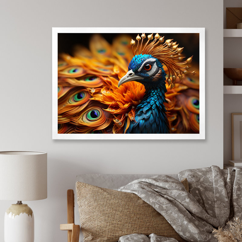Gros plan sur un paon - animaux, impressions sur toile, H 34 po x l 44 po x P 1,5 po, Cadre photo blanc