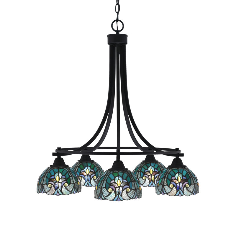 Paramount 5 Light Downlight Chandelier Shown In Matte Black Finish With 7" Turquoise Cypress Art Glass