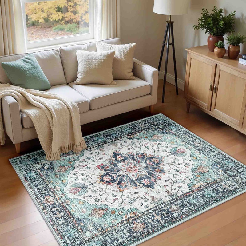 Rectangle 180 cm x 120 cm Vintage Look Knitted Washable Area Rug, Blue/Teal Green/Navy/Red