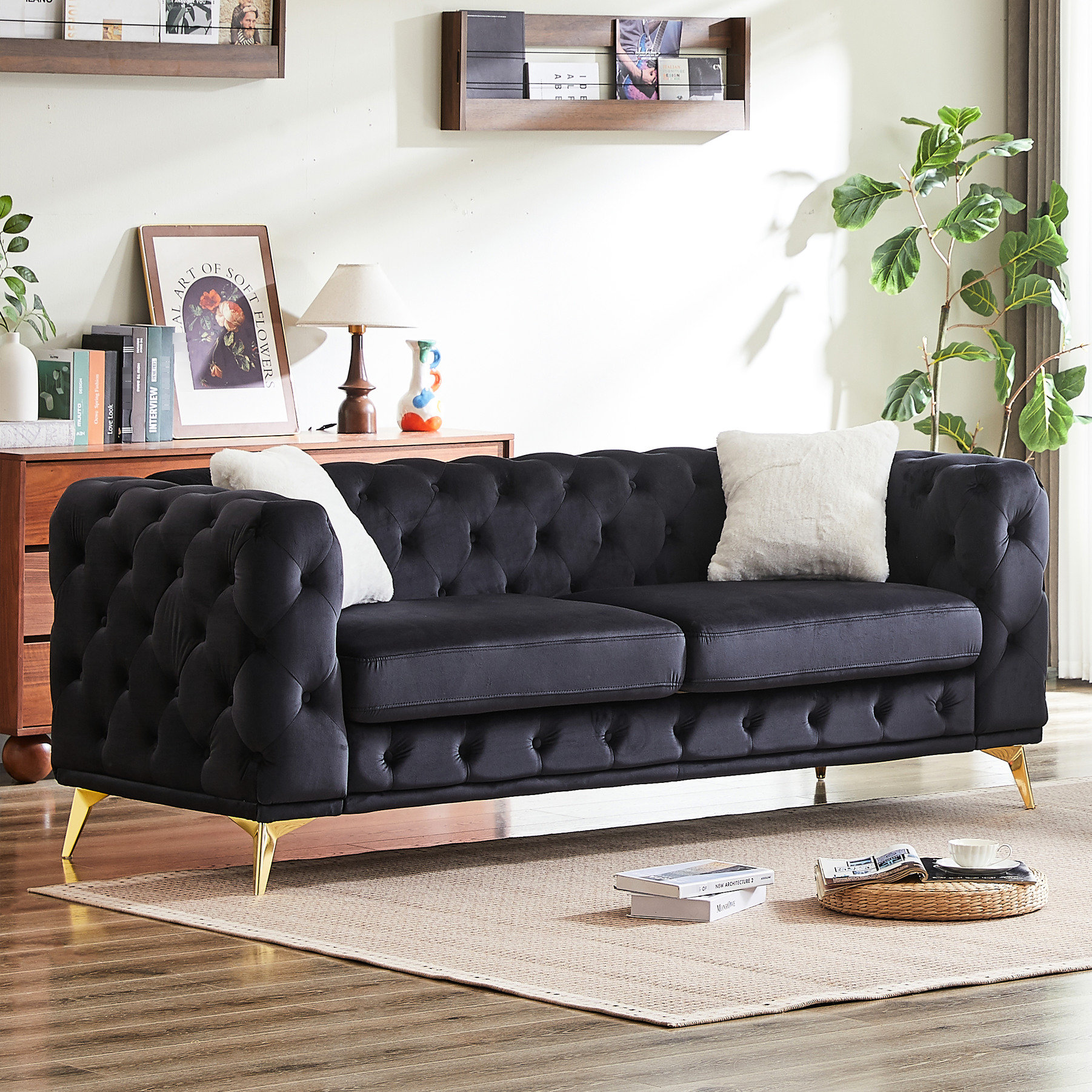 Latitude Run® Three - Seat Grey Velvet With Diamond Tufting, 2 Pillows ...