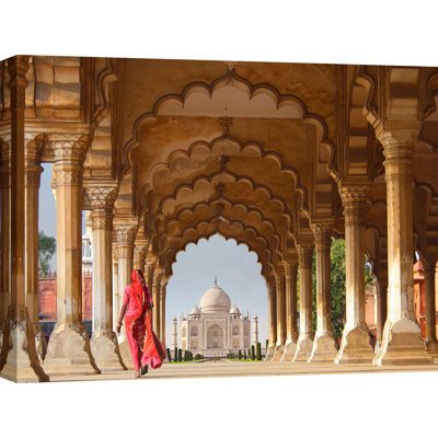Woman in Traditional Sari Walking Towards Taj Mahal 1 Piece Wrapped Canvas Wall Art