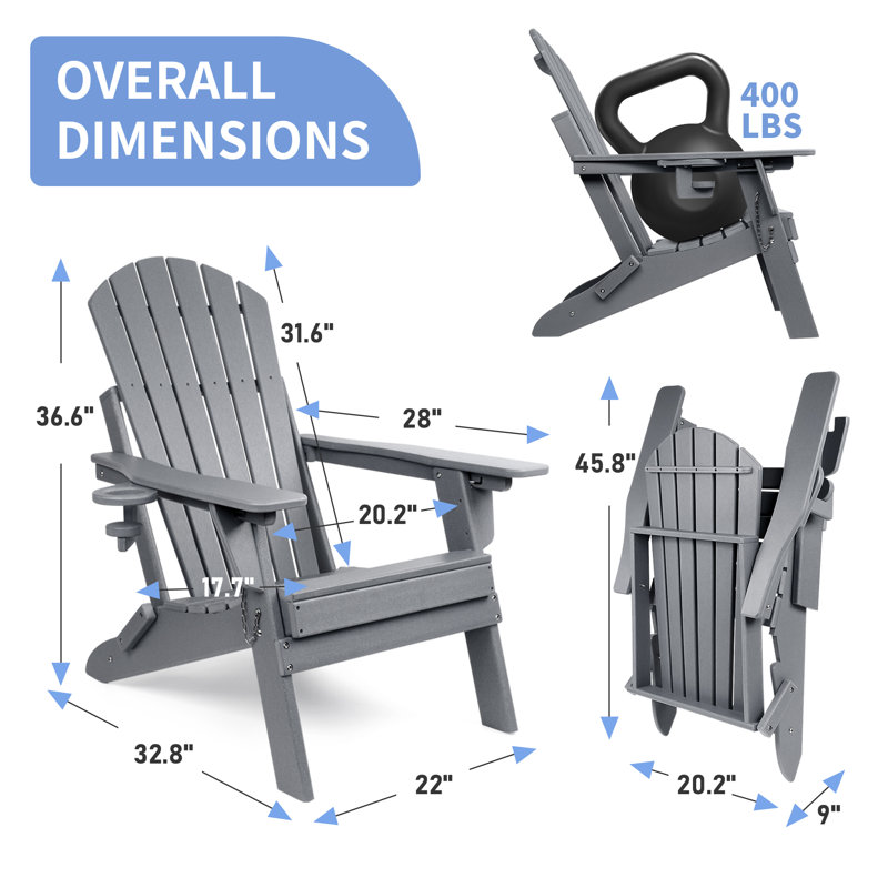 Unicoi Plastic Folding Adirondack Chair with Adjustable Backrest, Gray