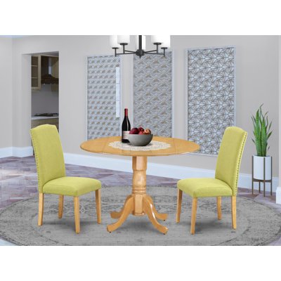 3 Piece Kitchen Table Set Contains a Round Dining Room Table with Dropleaf and 2 Limelight Linen Fabric Parson Dining Chairs, 42x42 Inch, Oak