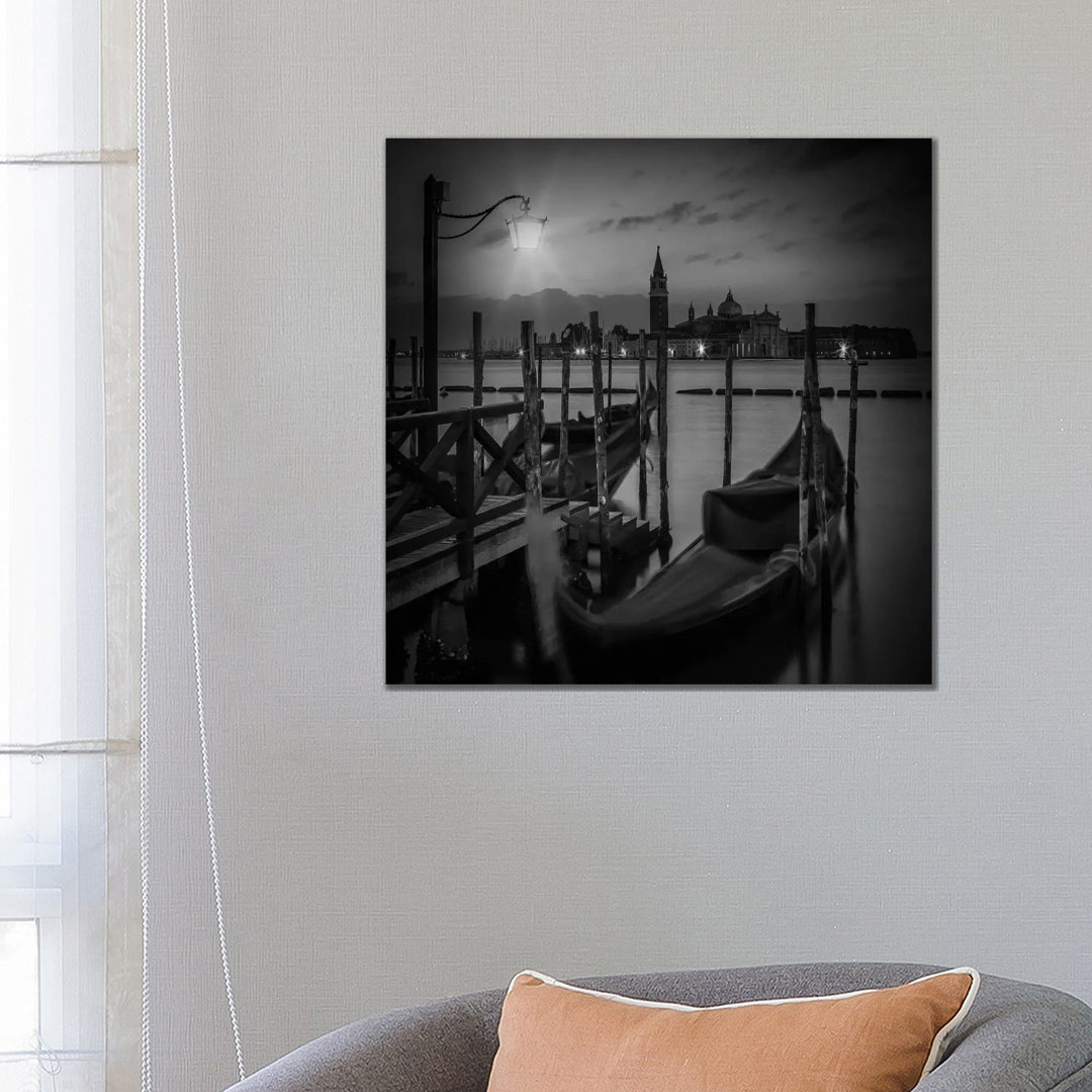 Venice Gondolas During Blue Hour | Monochrome by Melanie Viola - Wrapped Canvas Print