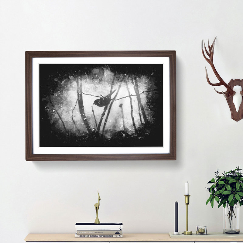 Bird On A Branch Paint Splash - Framed Print, 33cm H x 45cm W x 2cm D, Walnut Framed