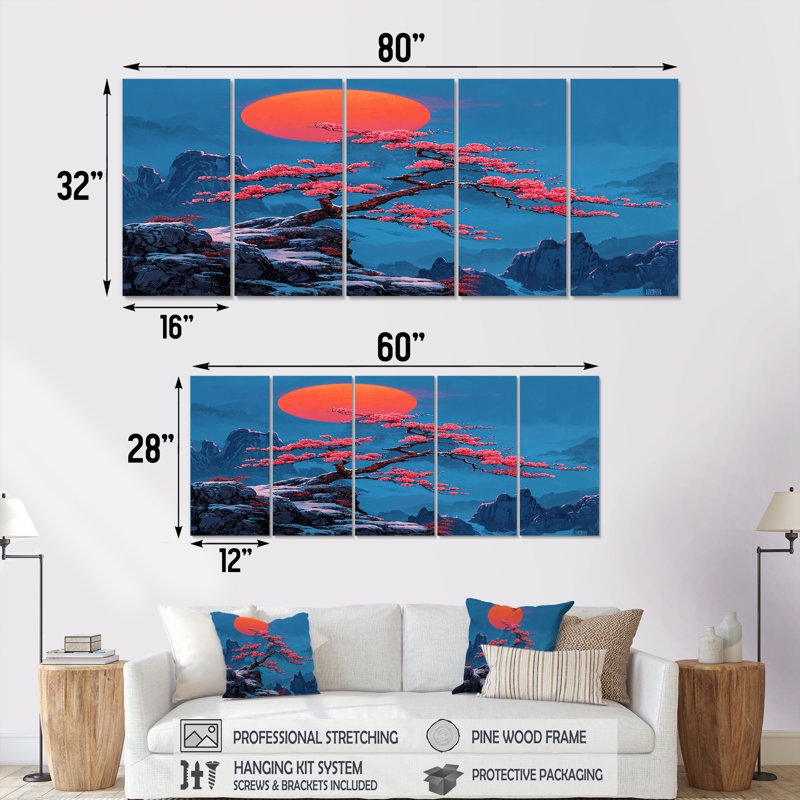 Fleur de cerisier - art mural arbre 5 pièces, H 32 po x l 80 po