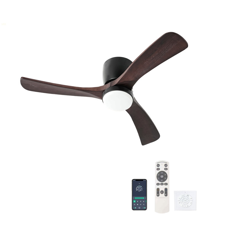 42" Solid Wood Ceiling Fan With Light-Flush Mount, Dc Motor (Dark Purple Walnut), Dark Purple Walnut, Black