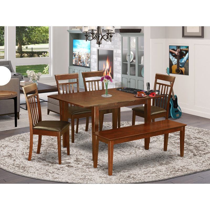 6 Piece Dining Table Set Contains a Rectangle Dining Room Table with Butterfly Leaf and 4 Faux Leather Chairs with a Bench, Mahogany