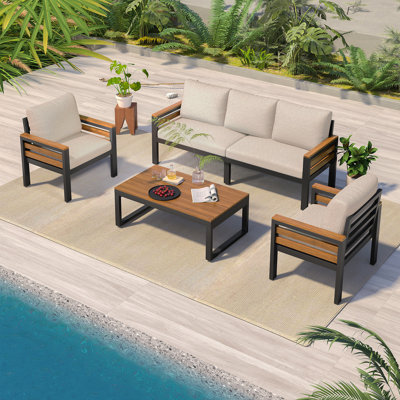 Ensemble de canapé d'extérieur pour 5 personnes avec accoudoirs en bois d'acacia, ensemble de conversation avec coussin amovible et table basse en bois massif pour le jardin et la cour arrière, beige