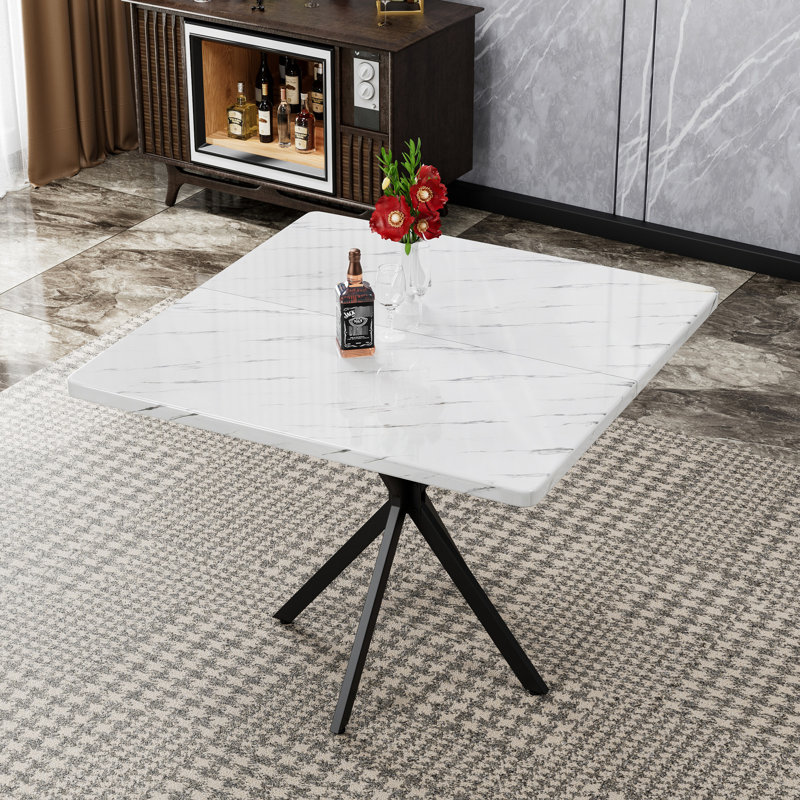 Table de salle à manger carrée pour 4 personnes - plateau en faux marbre et pieds en fer facile à assembler avec plateau blanc et gris facile à nettoyer pour économiser de l'espace
