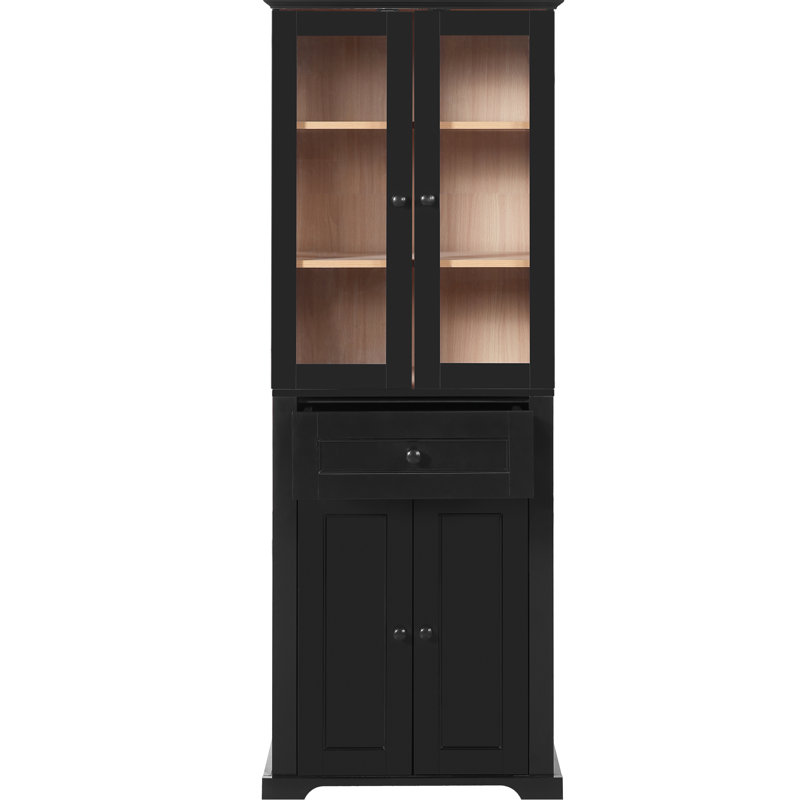 Armoire moderne de 67,2 po de hauteur avec 4 portes, un tiroir, des tablettes réglables et une armoire élégante avec poignées et tablettes, quincaillerie à fermeture en douceur, noir