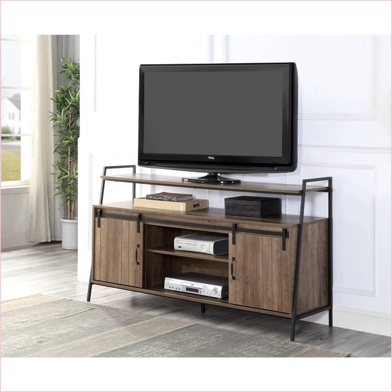 TV Furniture: Rustic Oak & Black TV Stand with Sliding Barn Doors | Oak | TV Size Ranges 50-59 inches