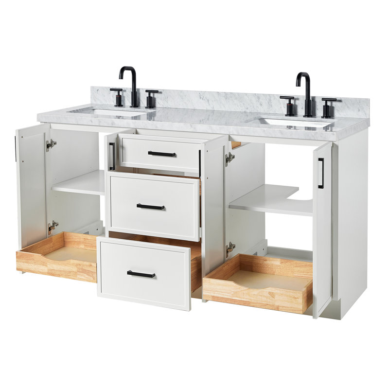 Ariel Kelly 67 Inch Double Rectangular Sink Bathroom Vanity With Italian Carrara Marble Countertop, White